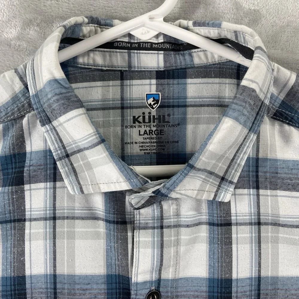 KUHL Shirt Mens Large STYK Button Up Blue Plaid Short Sleeve Pockets Outdoor